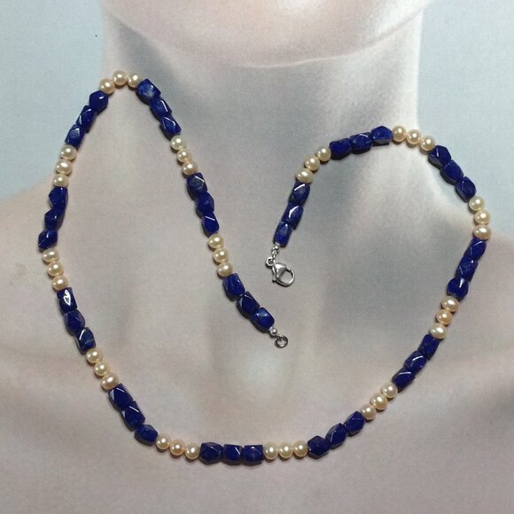 Freshwater Pearl and Lapis Lazuli Necklace - Picture 1 of 6